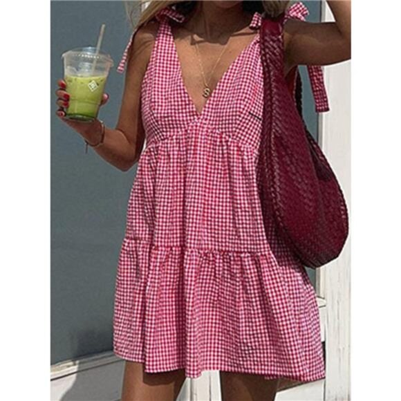 Gingham Tie Shoulder Mini Dress - Picture 4 of 7